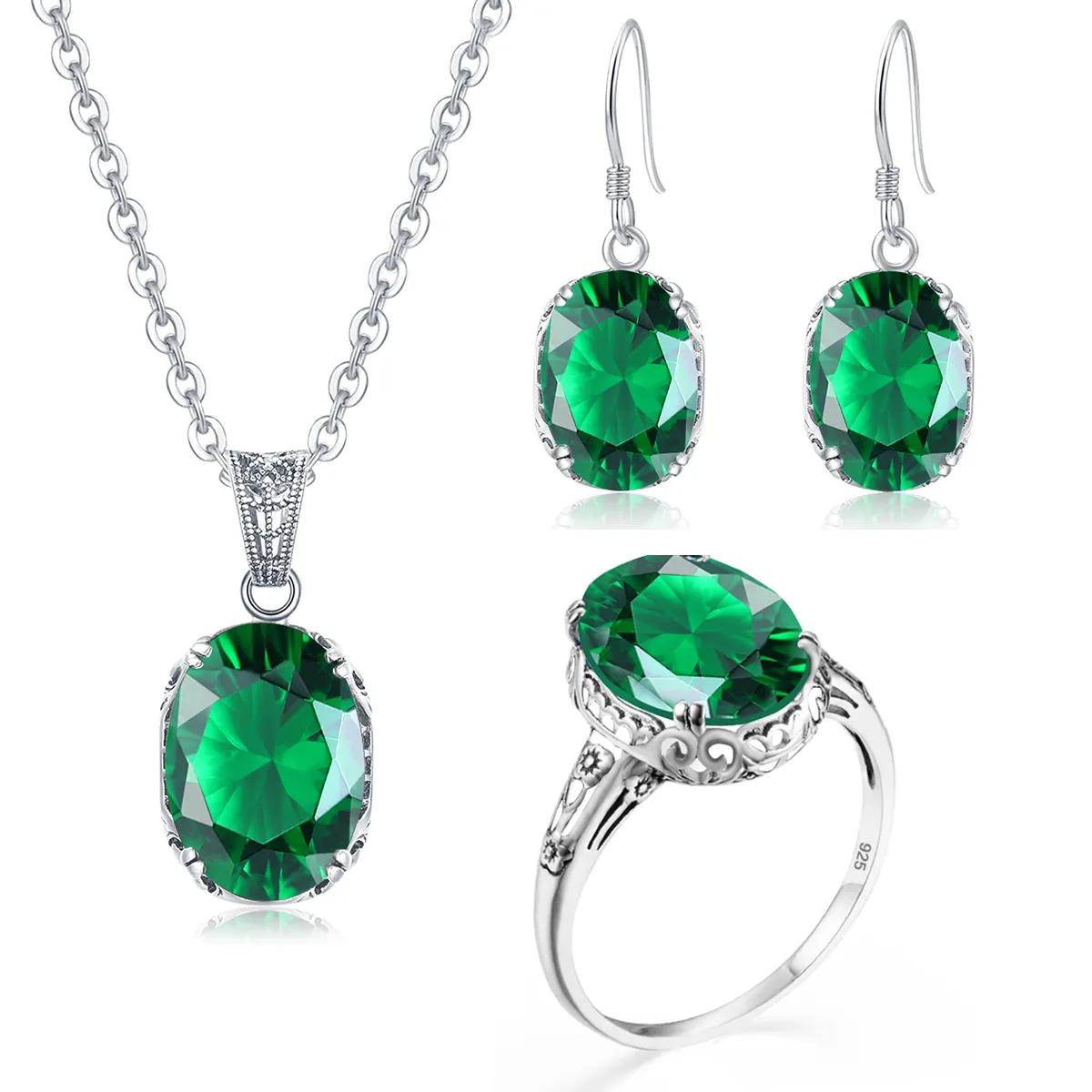 Vintage Filigree Emerald Jewelry Set